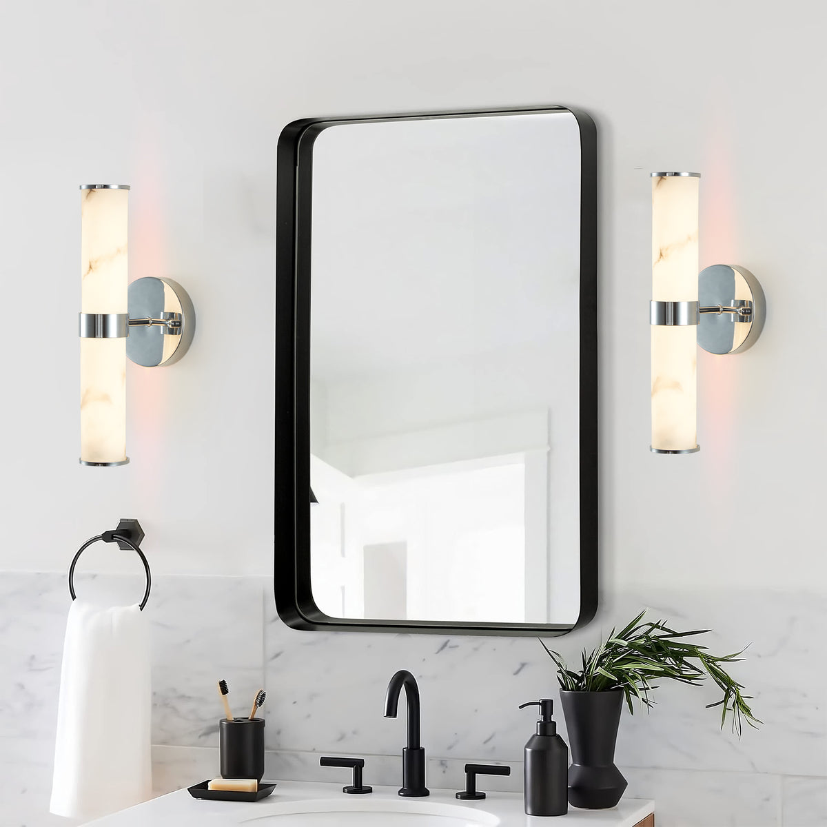 Elegant Faux Marble Chrome Wall Sconces, Set of 2