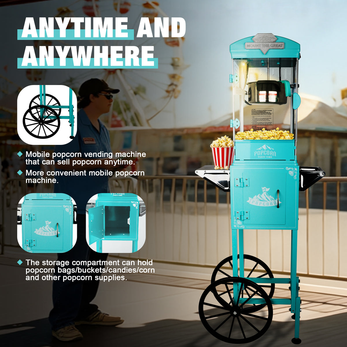 Classic 10 Oz Popcorn Machine Cart with Wheels & Measuring Spoons
