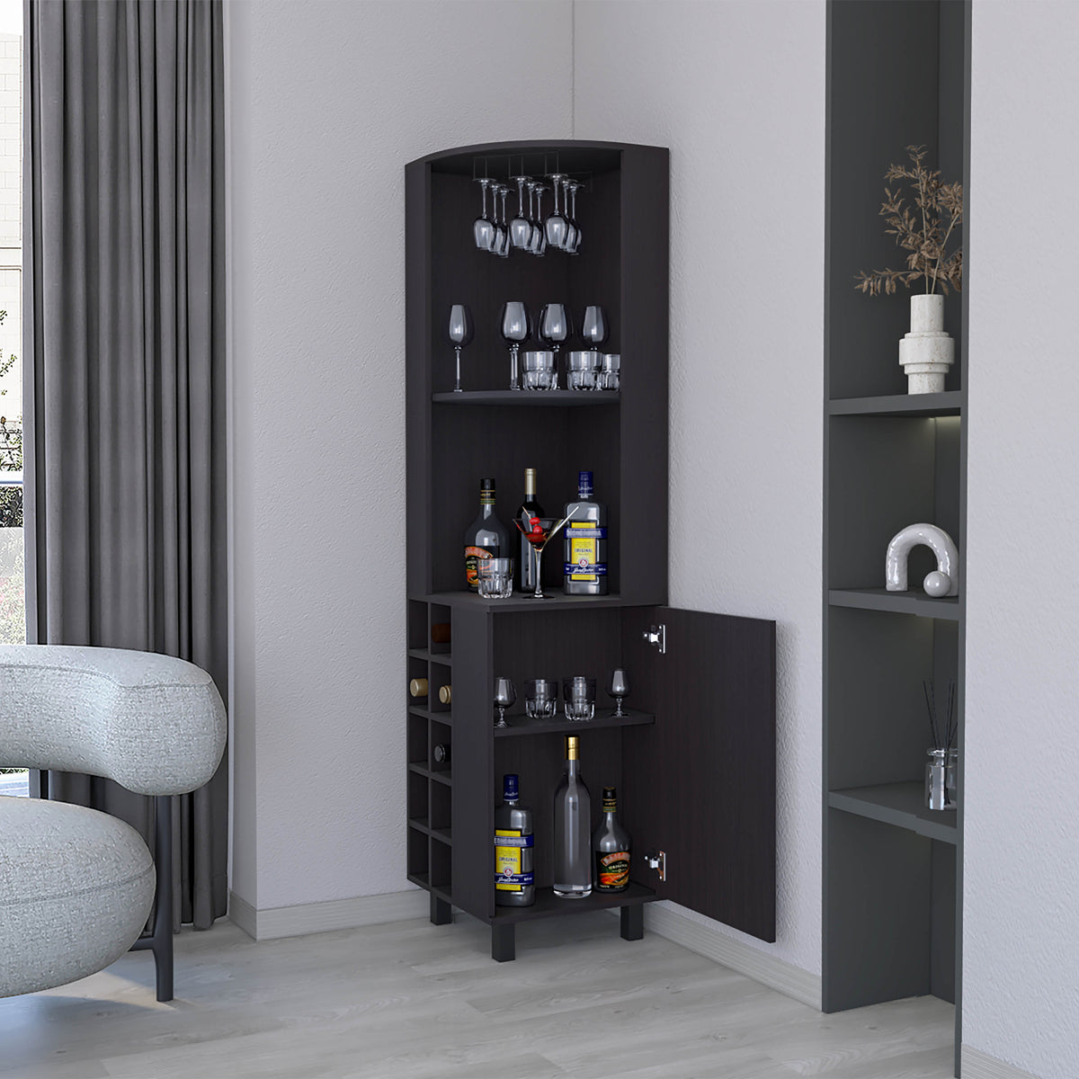 Elegant Corner Bar Cabinet with Wine Rack & Ample Storage, Wengue