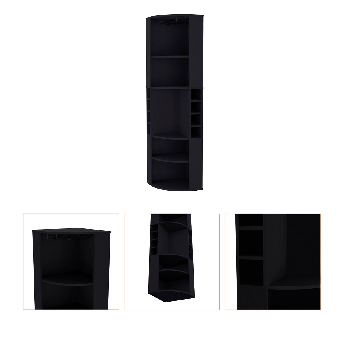 Space-Saving Corner Bar Cabinet with Wine Rack & Cup Hanger, Black