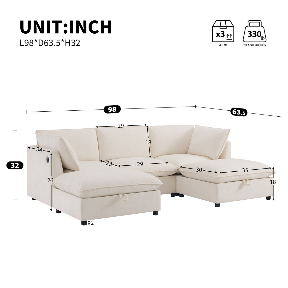Versatile 98" U-Shaped Cloud Sectional with Storage Ottoman, Charging & Cup Holders