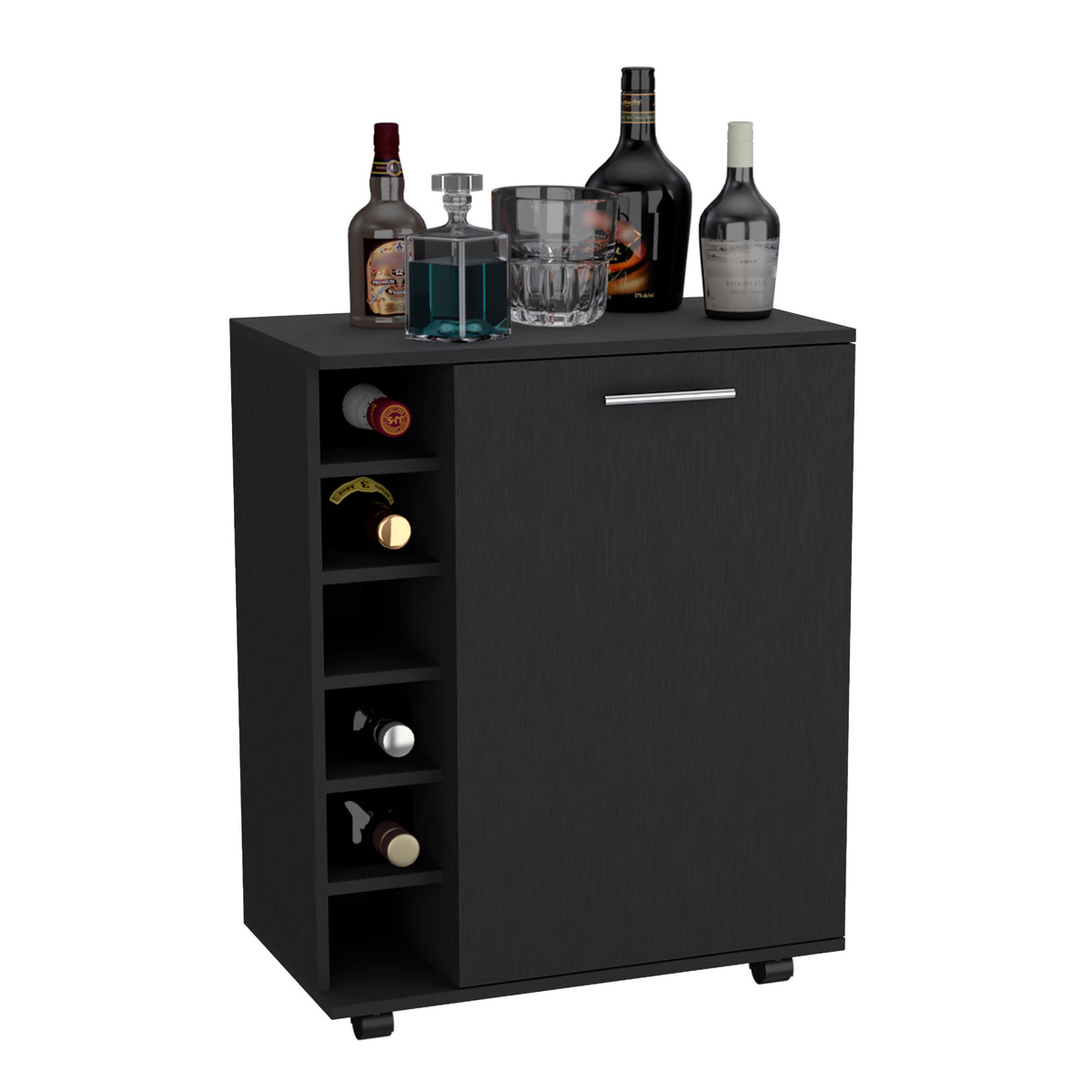 Luxury Rolling Bar & Coffee Cart with 6-Bottle Storage, Black
