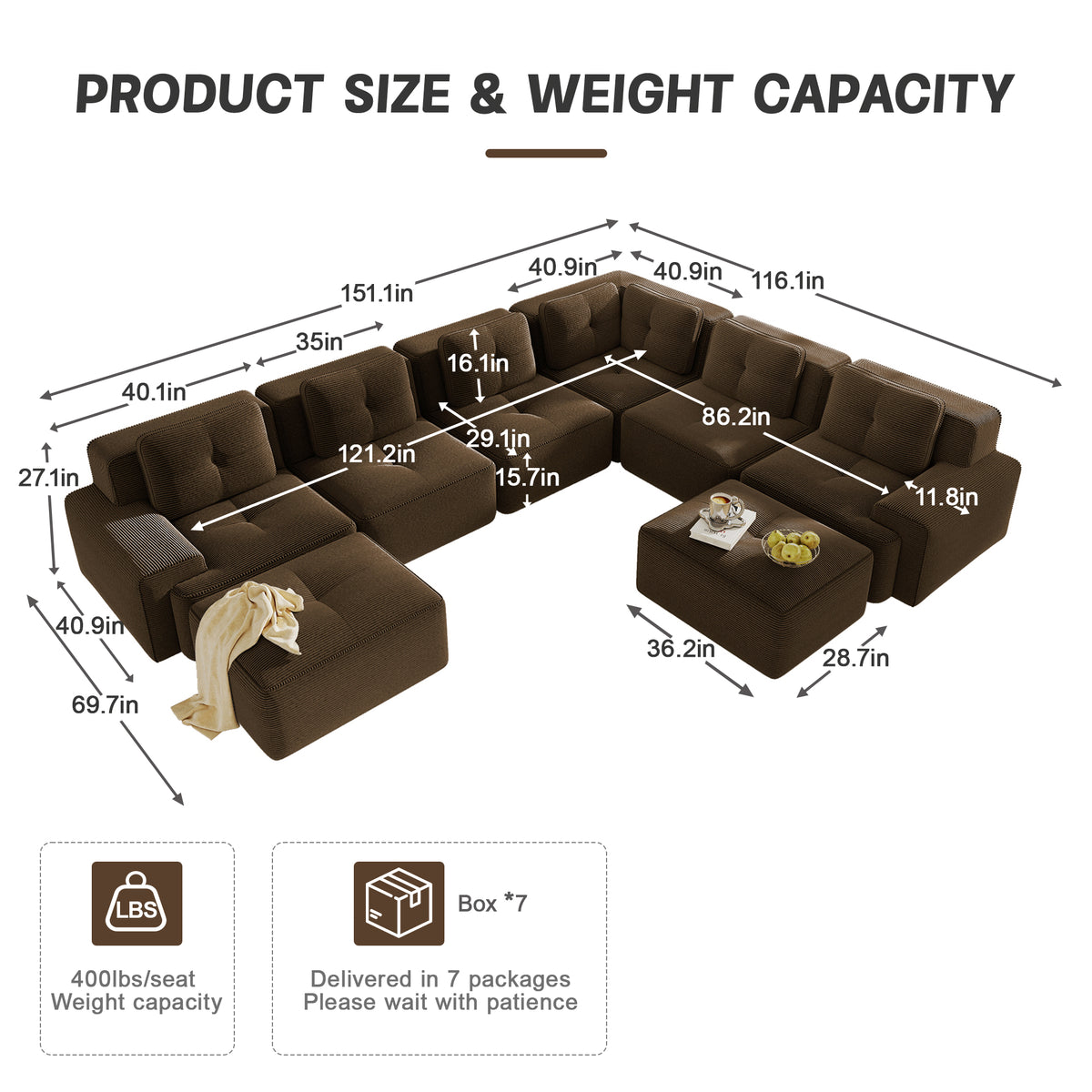 Oversized 6-Seater V-Shaped Corduroy Sectional with Dual Movable Ottomans