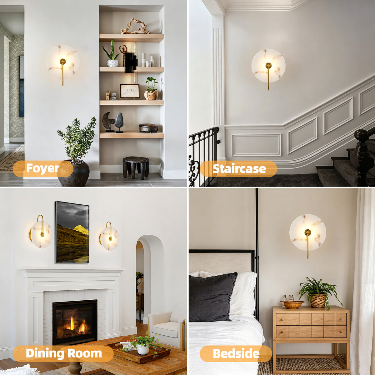 Elegant 9.8" Round Alabaster Wall Sconce with Natural Marble Shade, Gold