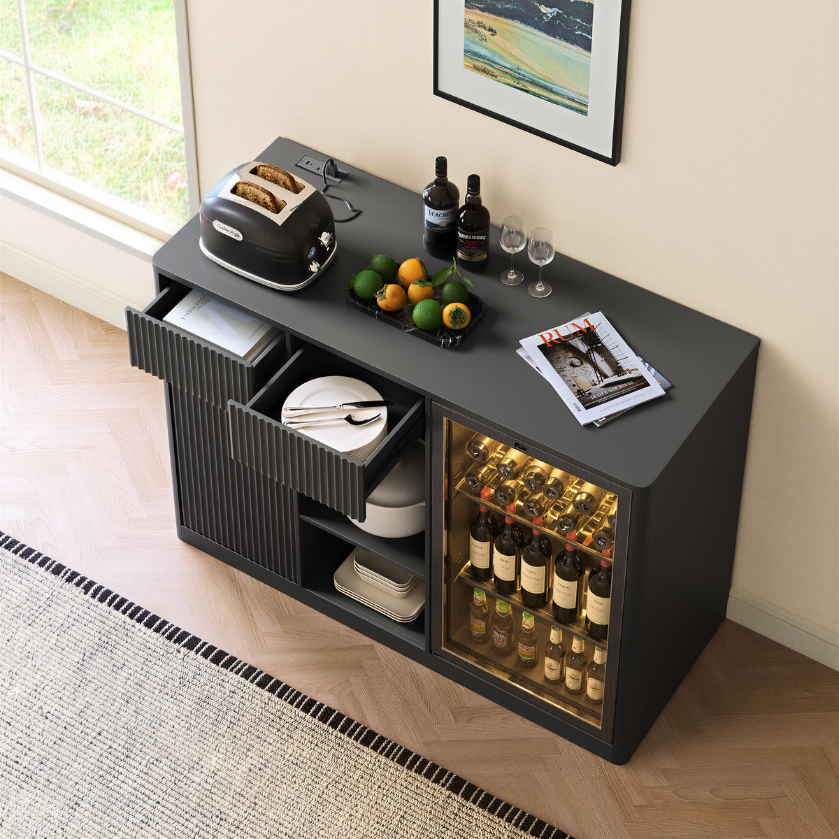 Fluted 51" Bar Cabinet with Fridge Space, Charging Hub & Wine Glass Rack, Black