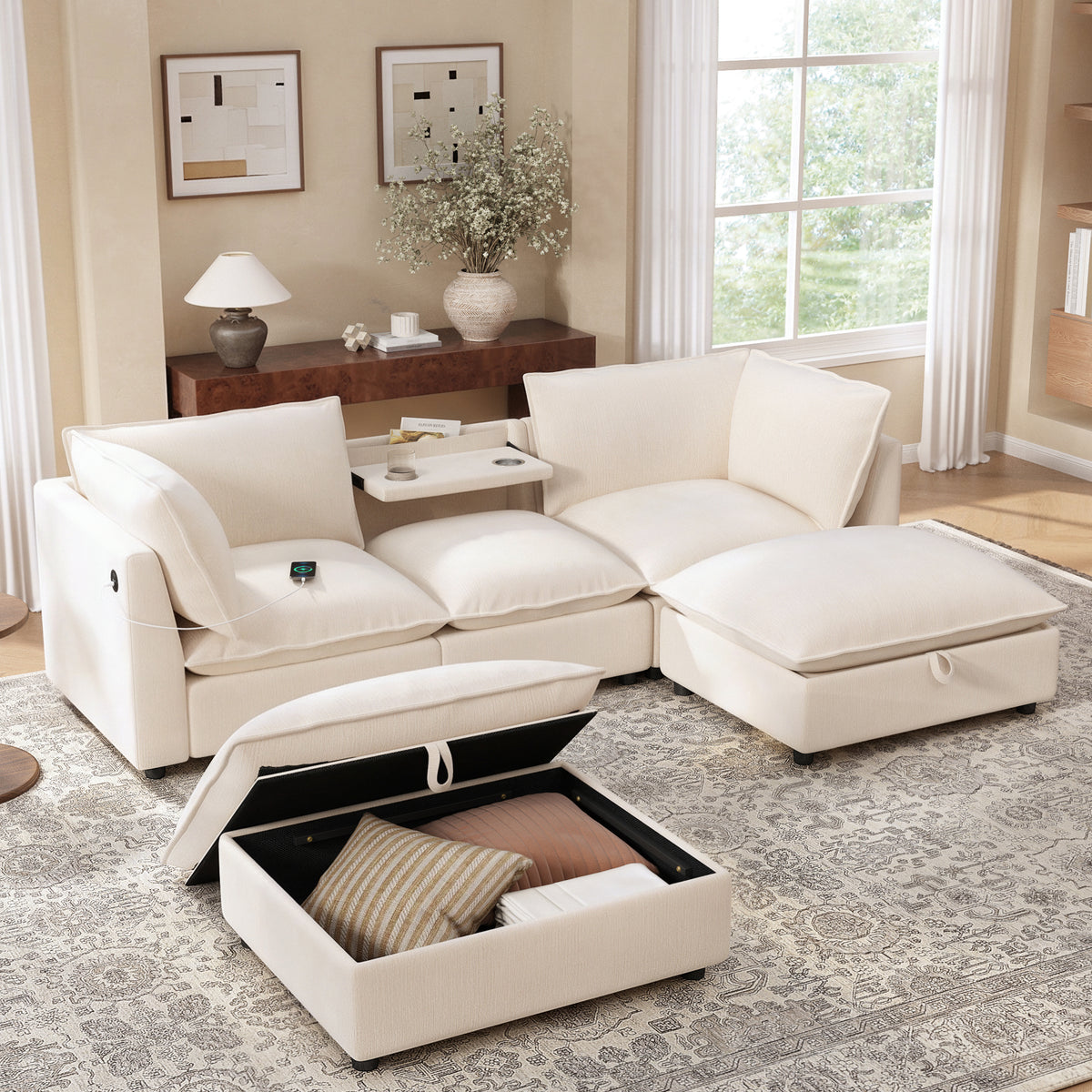Versatile 98" U-Shaped Cloud Sectional with Storage Ottoman, Charging & Cup Holders