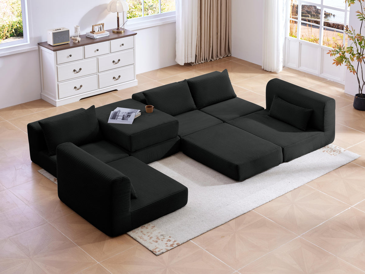 Cozy 100" L-Shaped Modular Floor Sectional with 5 Plush Pillows