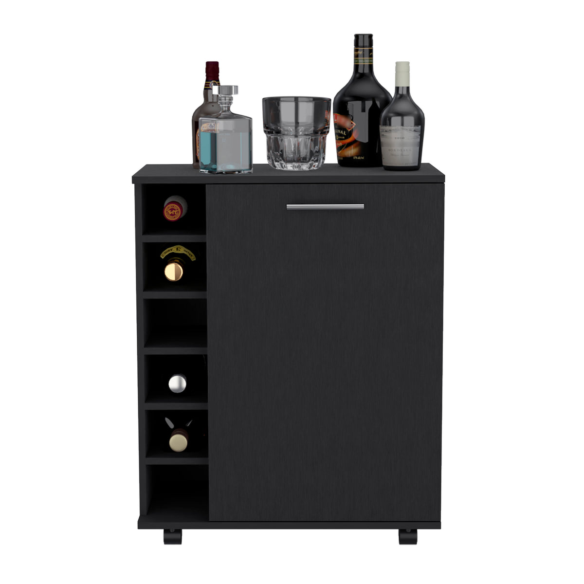 Luxury Rolling Bar & Coffee Cart with 6-Bottle Storage, Black