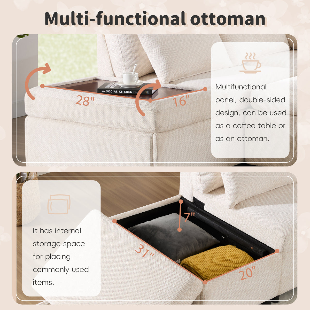 Versatile 107" L-Shaped Sleeper Sectional with Storage Ottoman & Fast Charging