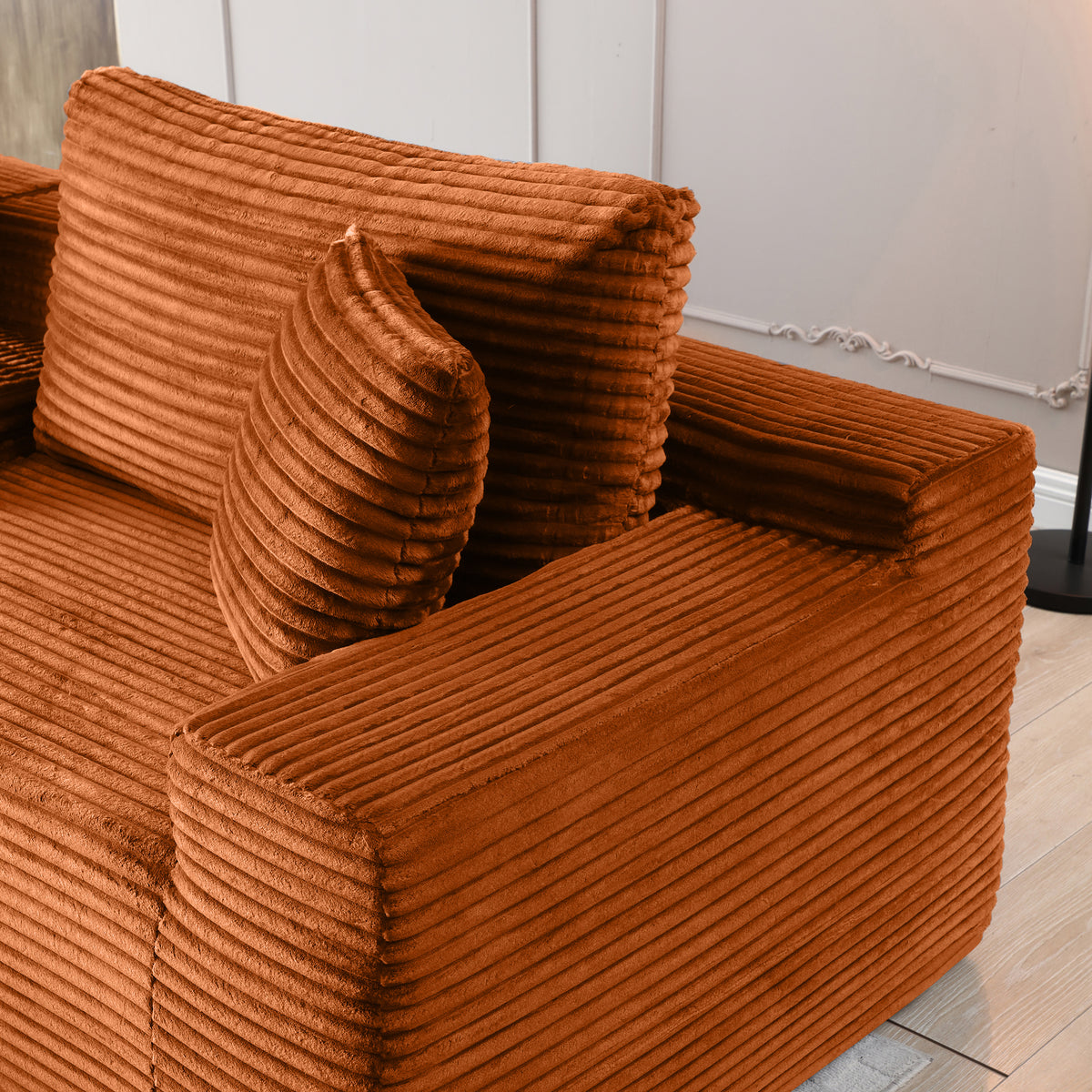 Plush Deep-Seat Corduroy Cloud Sectional with Storage, Charging & Movable Ottoman