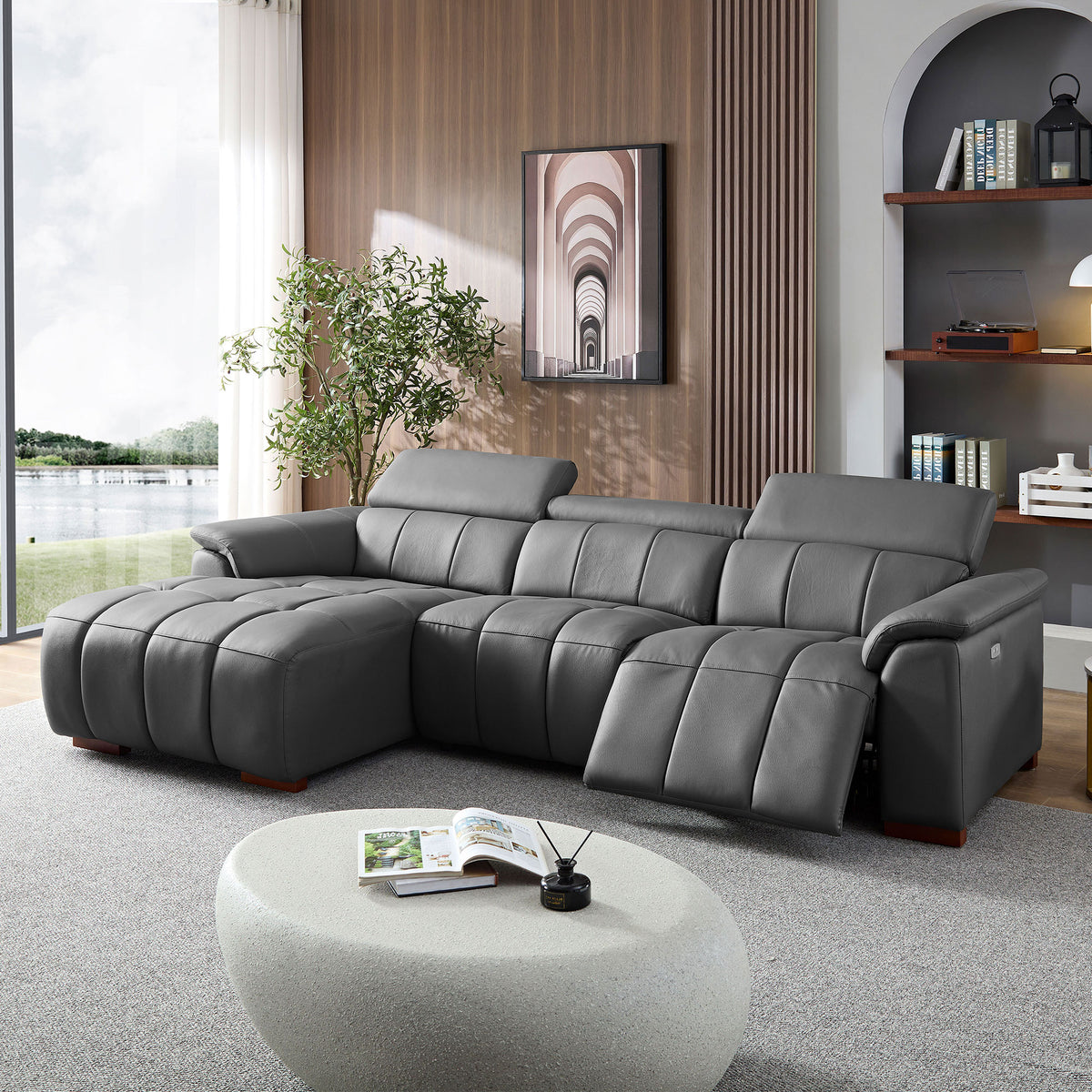 Premium L-Shaped Power Reclining Leather Sectional with USB, Headrests & Footrests