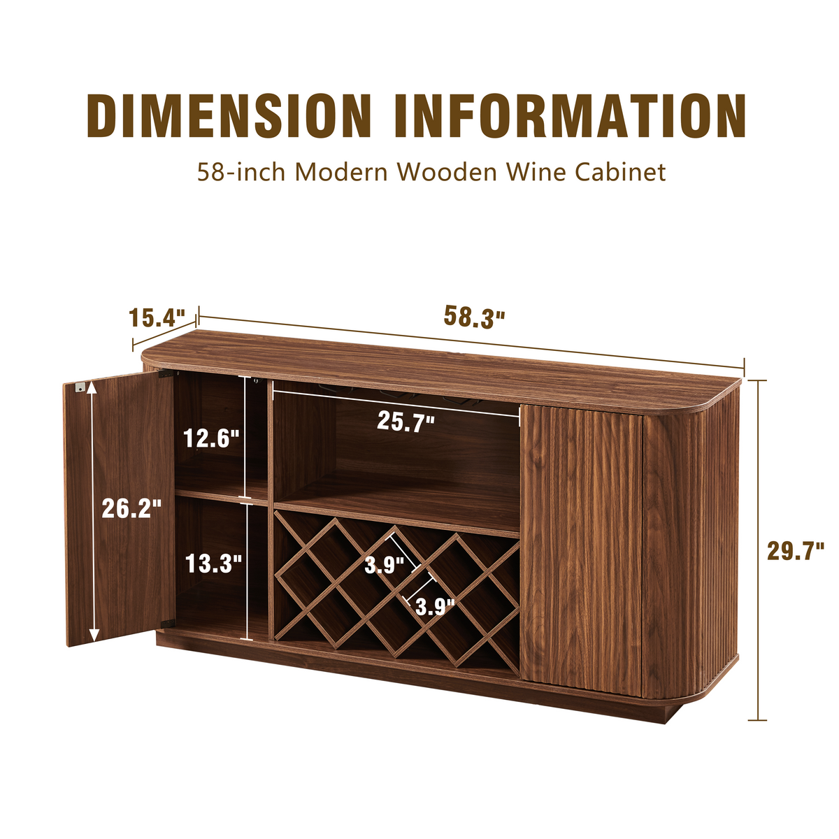 Modern 58" Wavy Sideboard with Wine Rack & Glassware Storage, Walnut