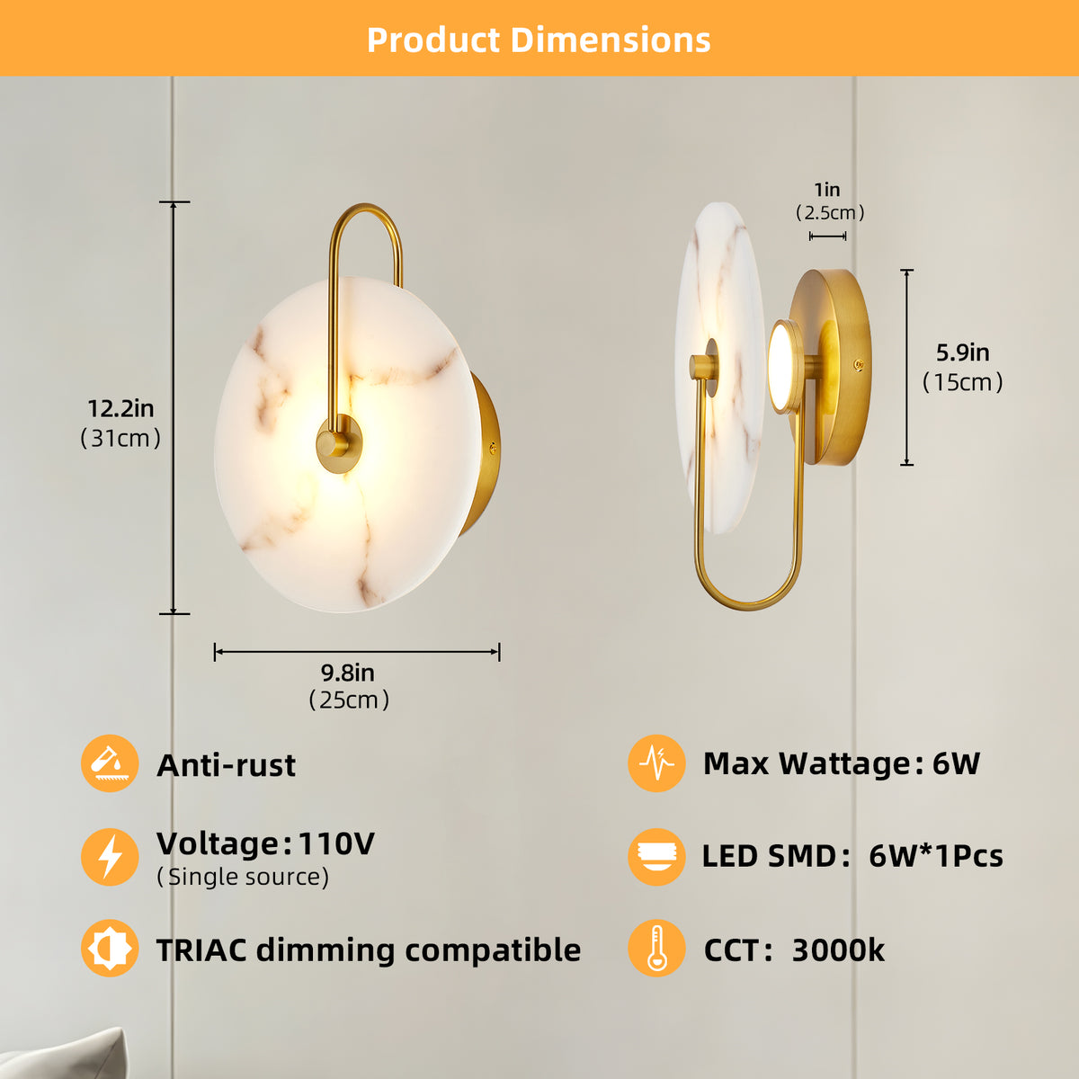 Elegant 9.8" Round Alabaster Wall Sconce with Natural Marble Shade, Gold