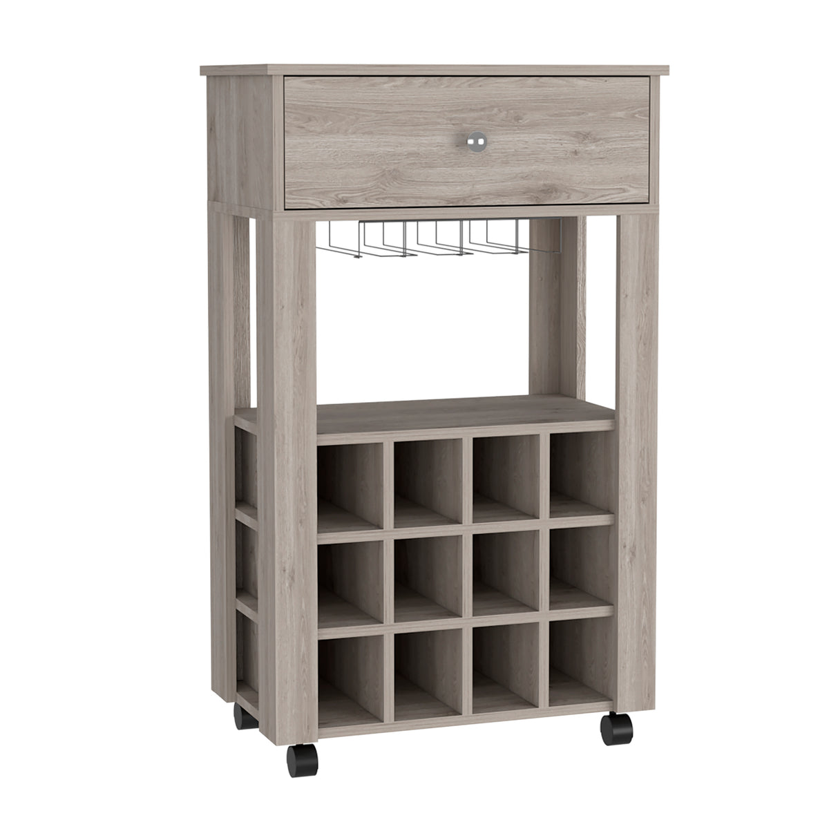 Versatile Rolling Bar Cart with 12-Bottle Wine Rack, Drawer & Glass Holder, Black