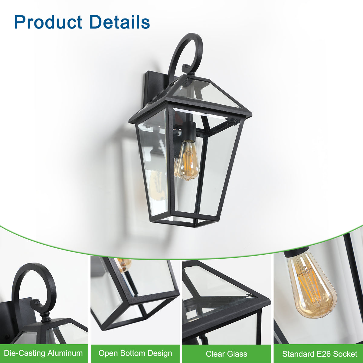 Modern 21" Outdoor Wall Lantern with Clear Glass, Black