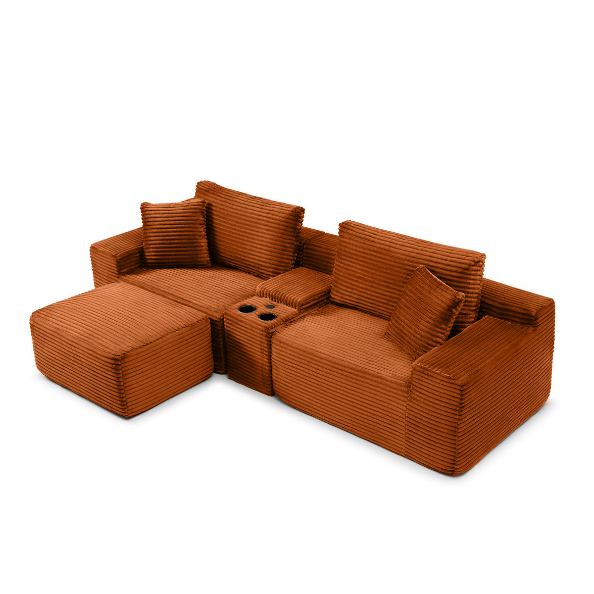 Plush Deep-Seat Corduroy Cloud Sectional with Storage, Charging & Movable Ottoman