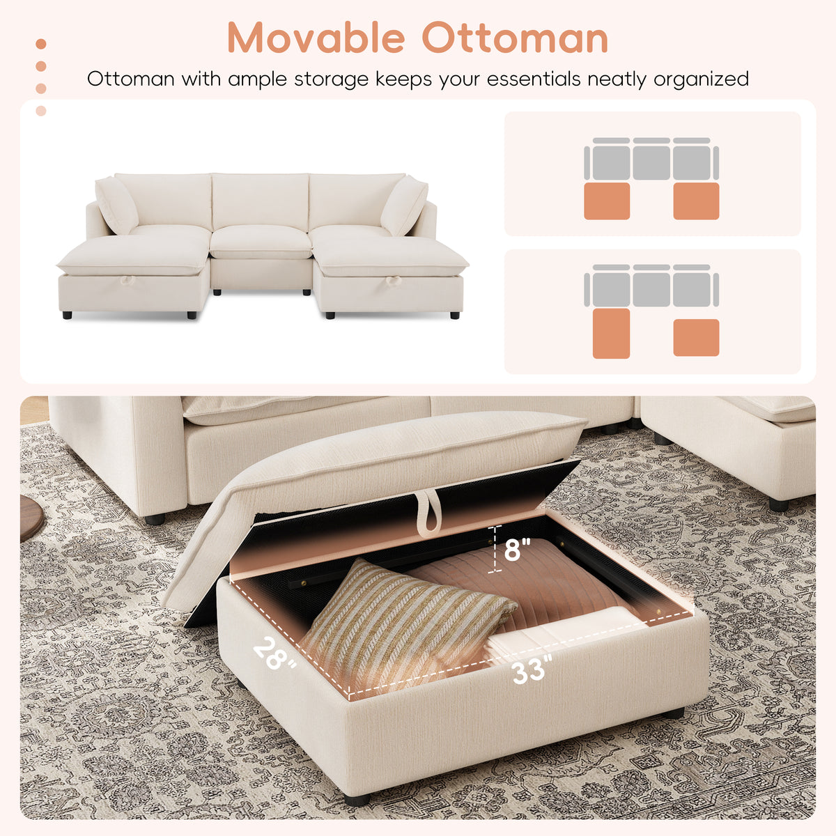 Versatile 98" U-Shaped Cloud Sectional with Storage Ottoman, Charging & Cup Holders