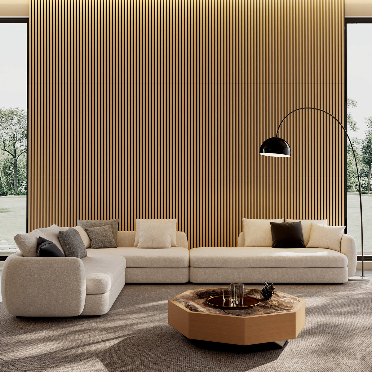 Acoustic Wood Slat Wall Panels, 2-Pack 3D Fluted Sound-Absorbing Panels, White Oak