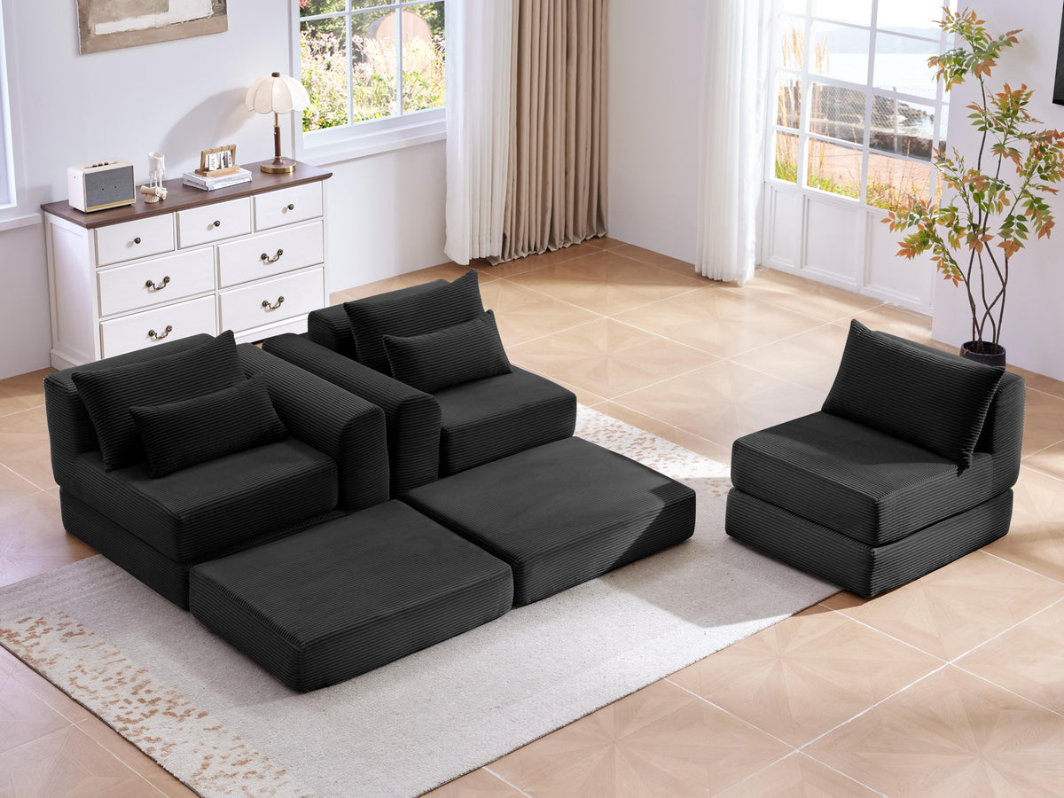 Cozy 100" L-Shaped Modular Floor Sectional with 5 Plush Pillows