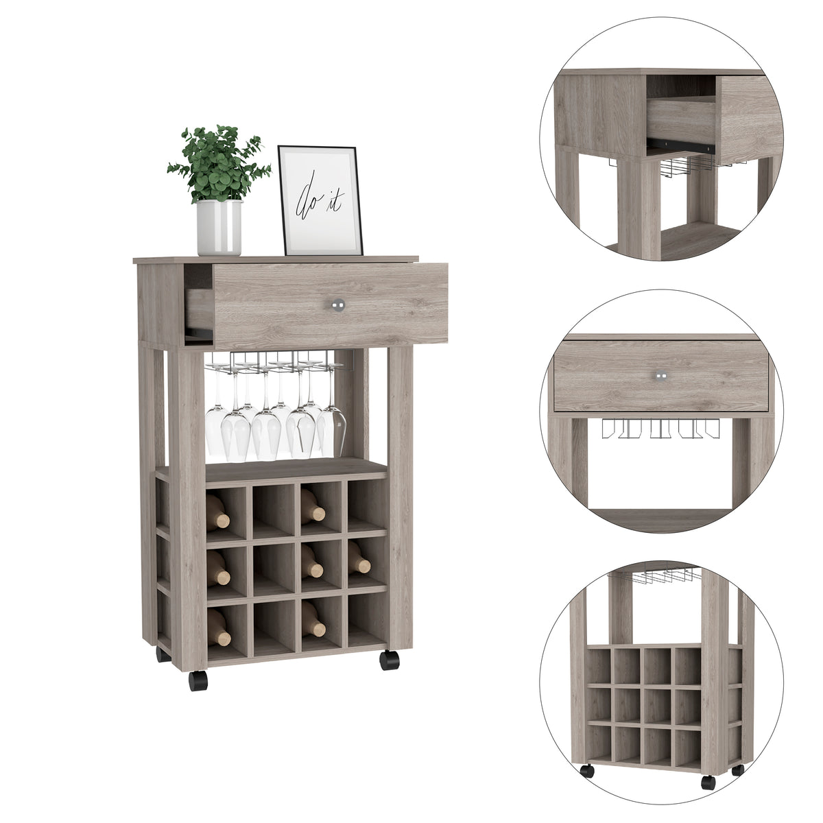 Versatile Rolling Bar Cart with 12-Bottle Wine Rack, Drawer & Glass Holder, Black
