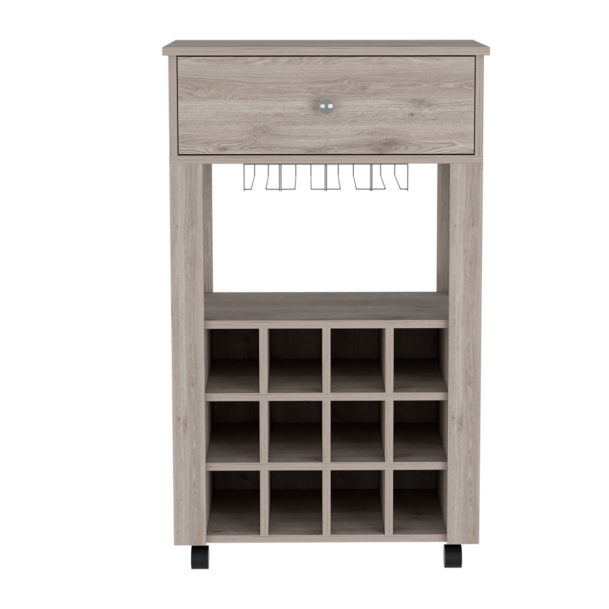 Versatile Rolling Bar Cart with 12-Bottle Wine Rack, Drawer & Glass Holder, Black