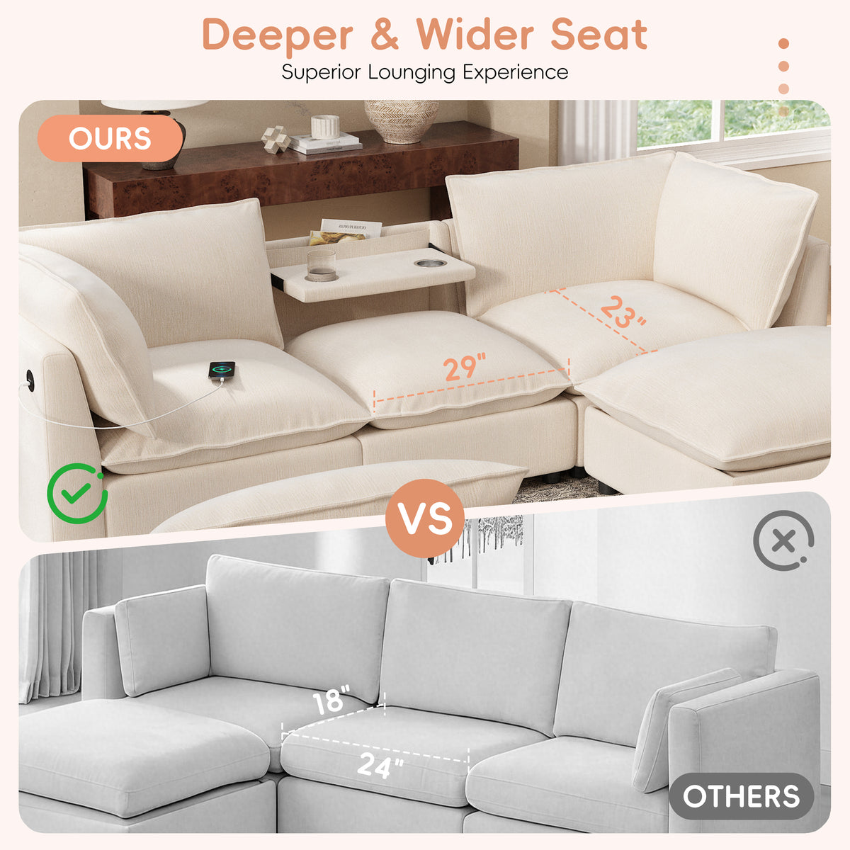 Versatile 98" U-Shaped Cloud Sectional with Storage Ottoman, Charging & Cup Holders