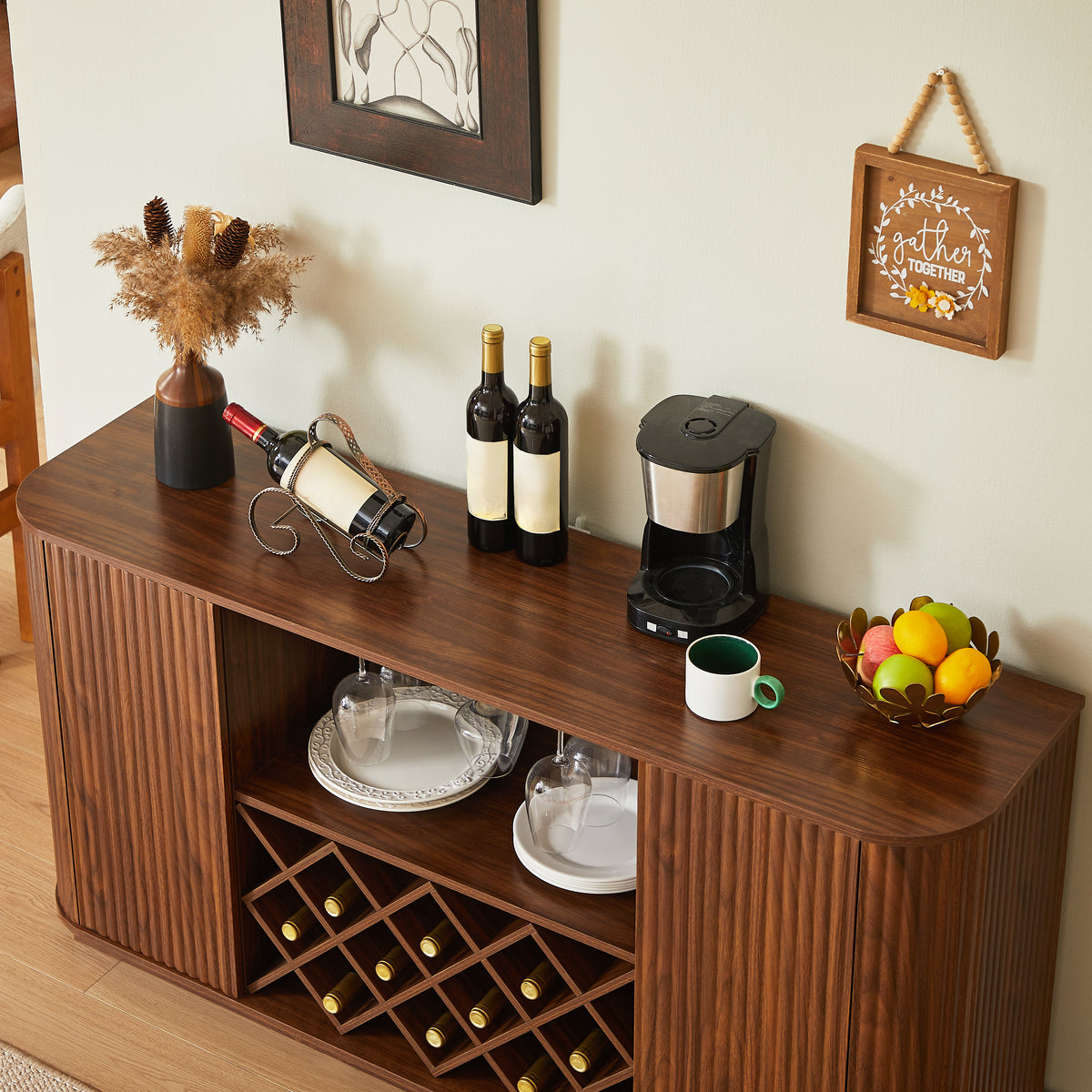 Modern 58" Wavy Sideboard with Wine Rack & Glassware Storage, Walnut
