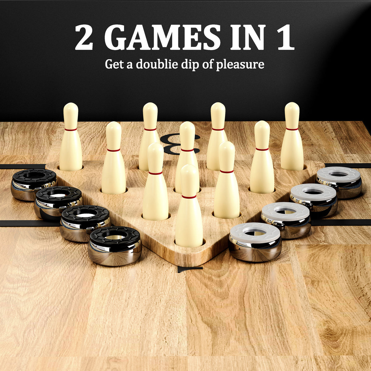Versatile 9FT 2-in-1 Shuffleboard & Bowling Table with LED Light Rail
