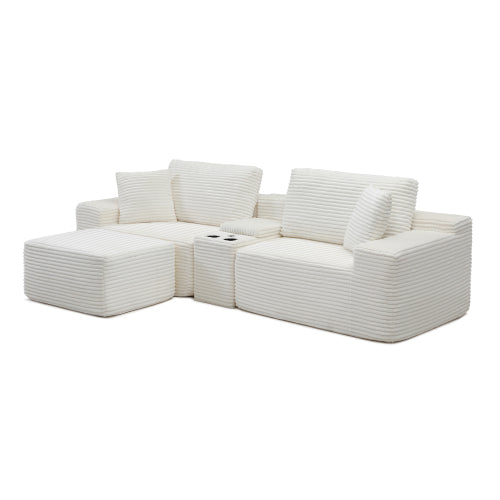 Plush Deep-Seat Corduroy Cloud Sectional with Storage, Charging & Movable Ottoman