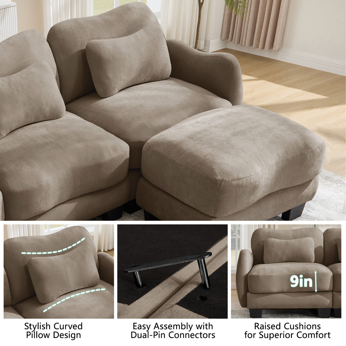 Oversized U-Shaped Chenille Sectional with Dual Movable Ottomans