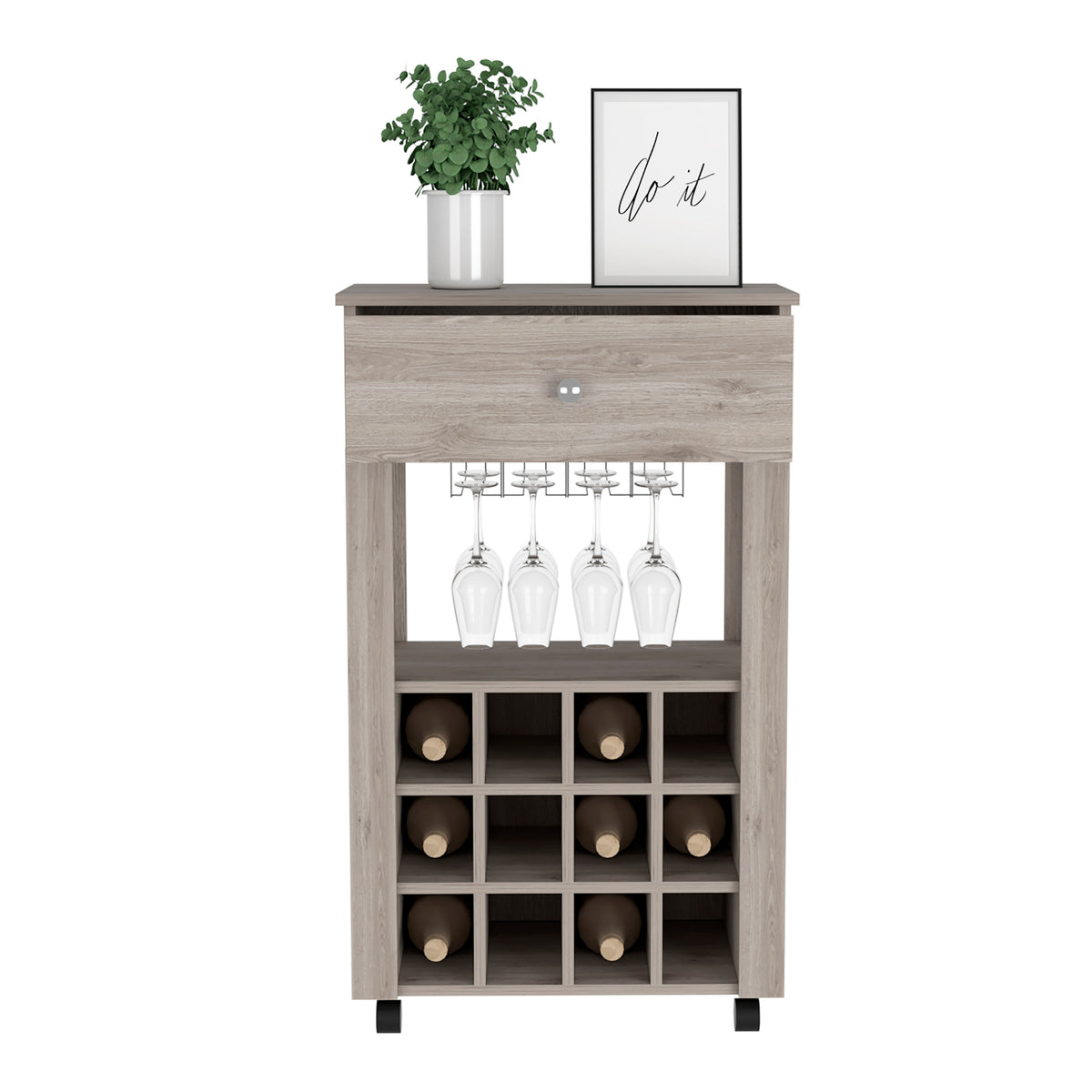 Versatile Rolling Bar Cart with 12-Bottle Wine Rack, Drawer & Glass Holder, Black