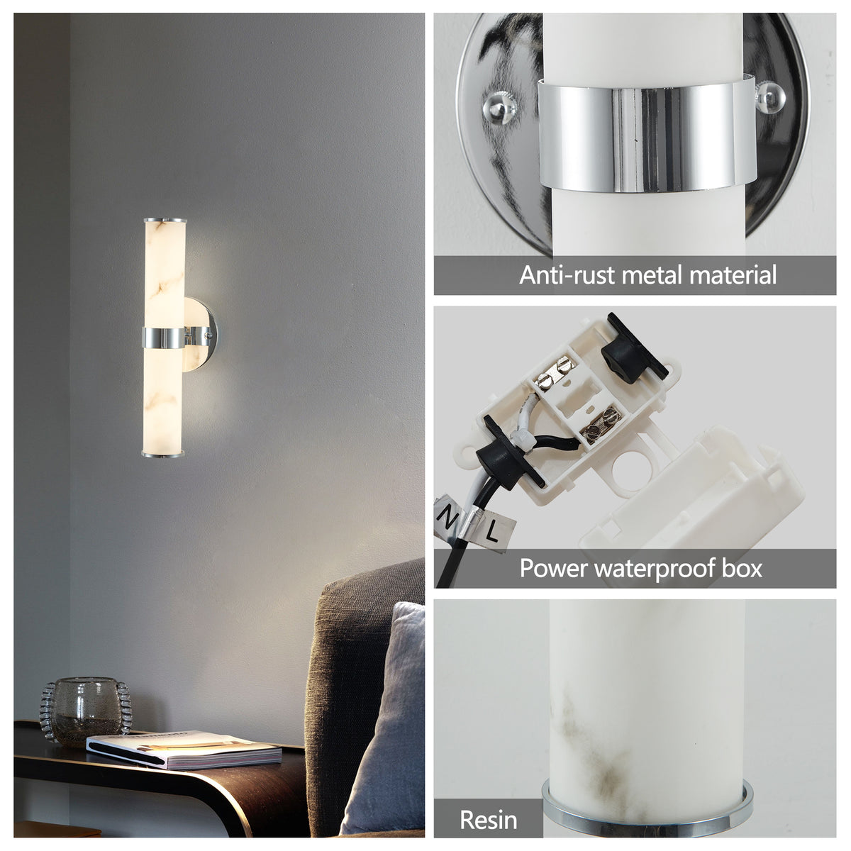 Elegant Faux Marble Chrome Wall Sconces, Set of 2