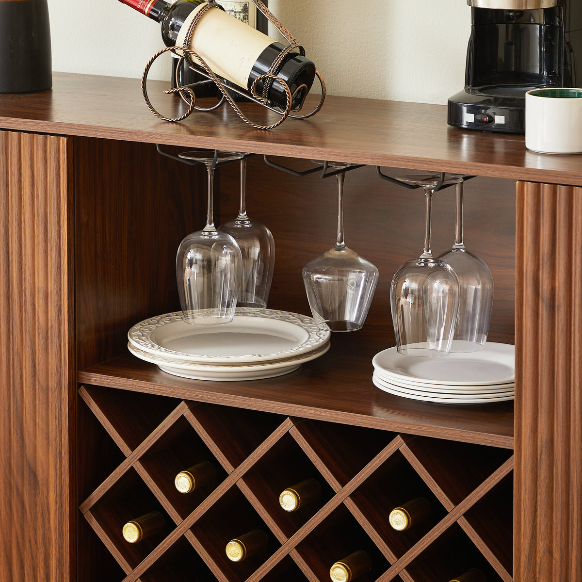 Modern 58" Wavy Sideboard with Wine Rack & Glassware Storage, Walnut
