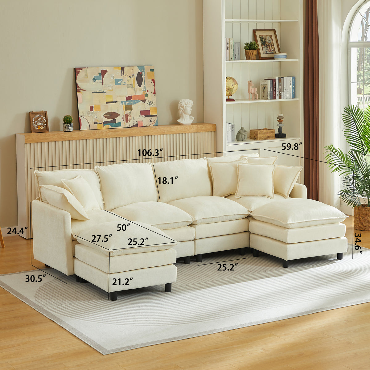 Spacious 106" U-Shaped Cloud Modular Sectional with Movable Ottoman