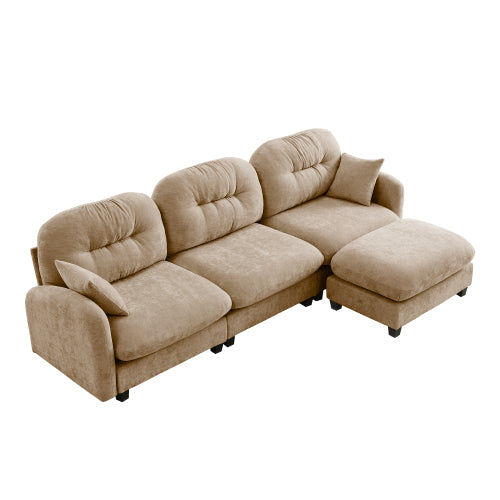 Plush L-Shaped Modular Sectional Sofa with Ottoman & Tufted Backrest, Beige