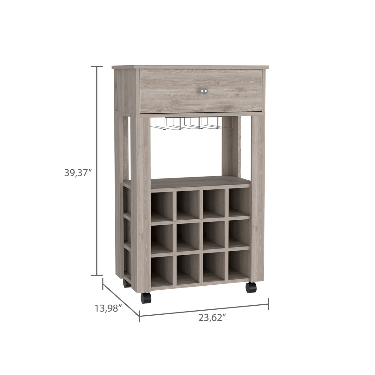 Versatile Rolling Bar Cart with 12-Bottle Wine Rack, Drawer & Glass Holder, Black