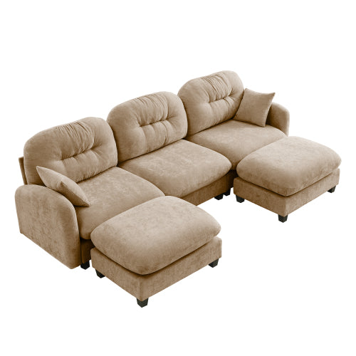 Plush L-Shaped Modular Sectional Sofa with Ottoman & Tufted Backrest, Beige