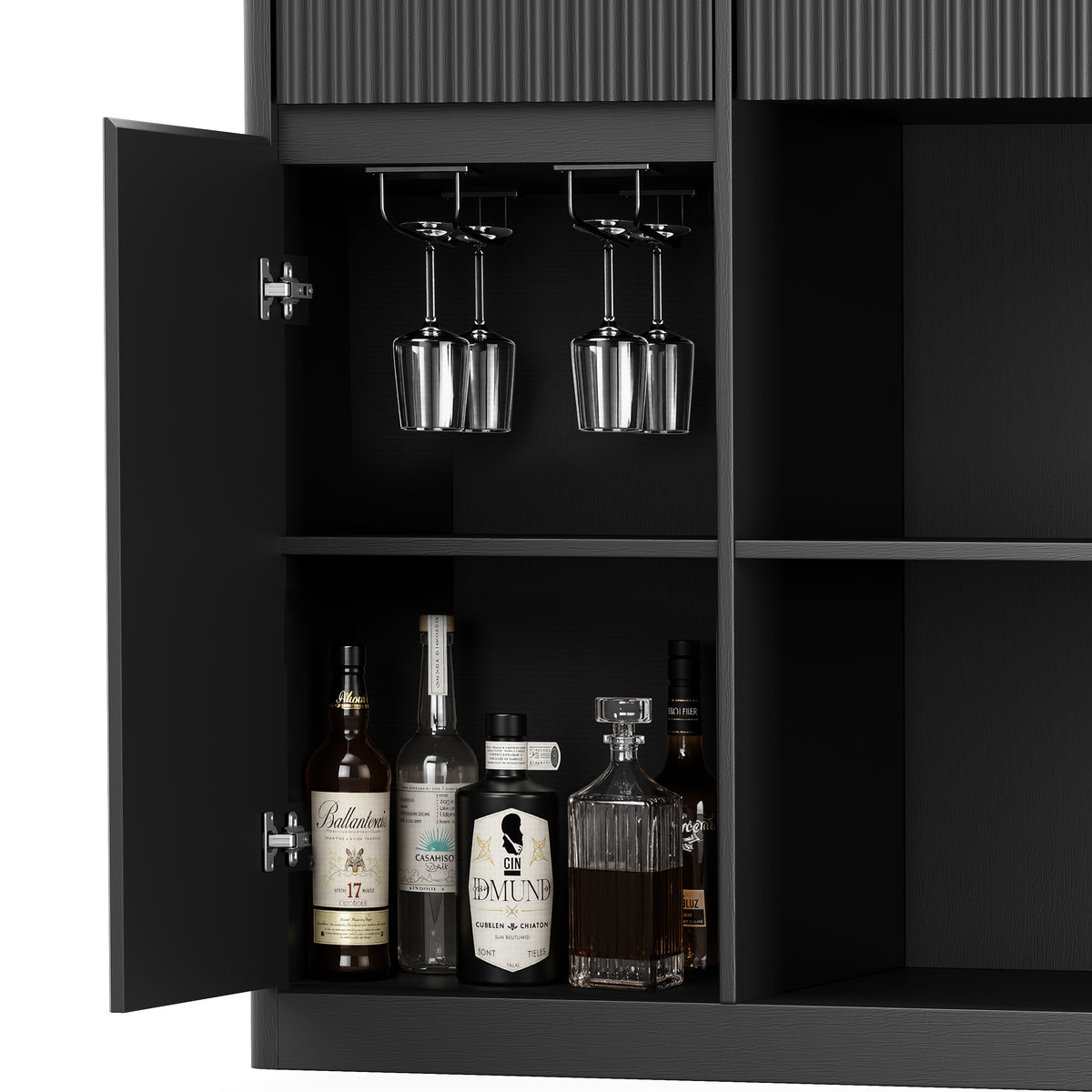 Fluted 51" Bar Cabinet with Fridge Space, Charging Hub & Wine Glass Rack, Black