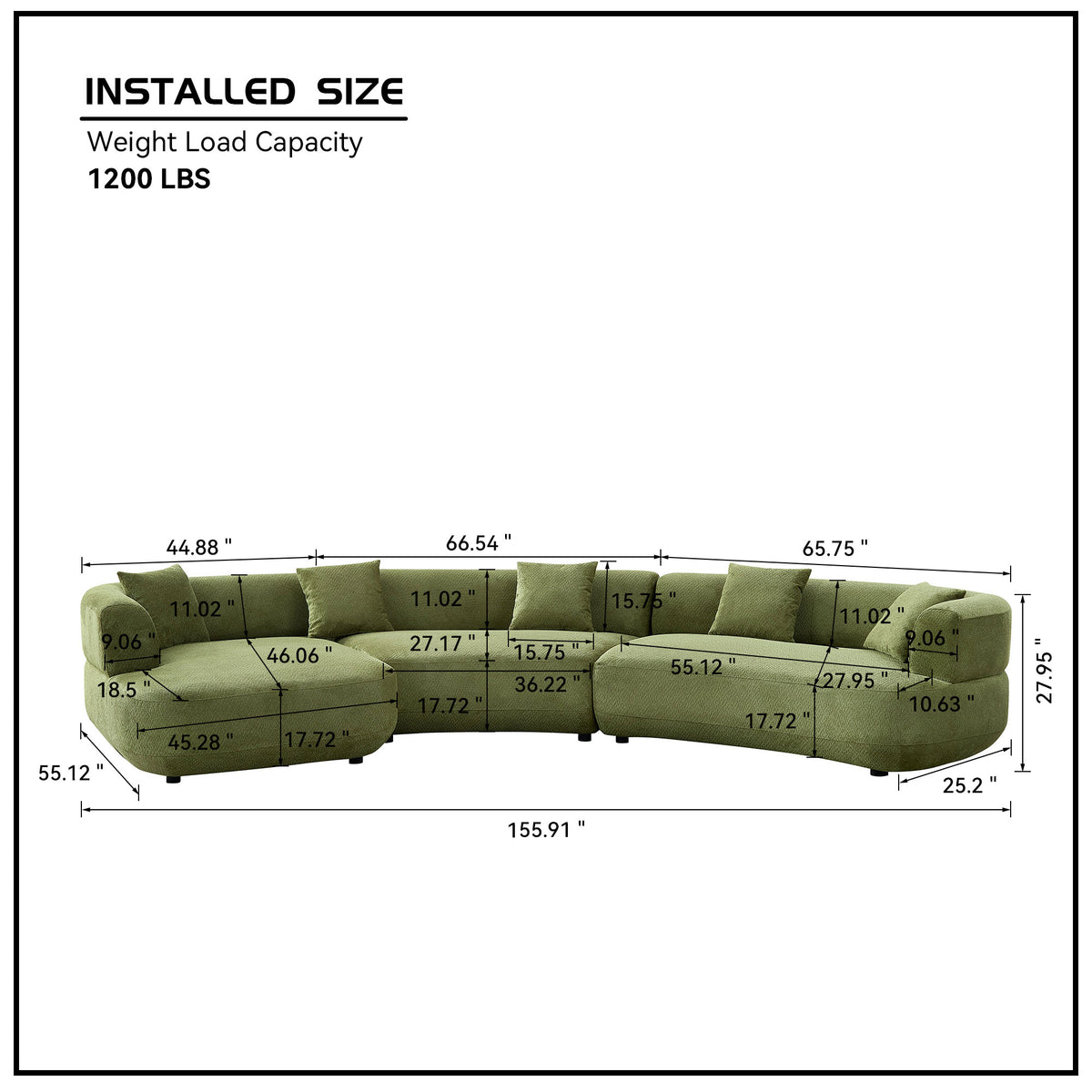 Luxurious 155.91" Curved 6-Seat Modular Sectional with 5 Plush Pillows
