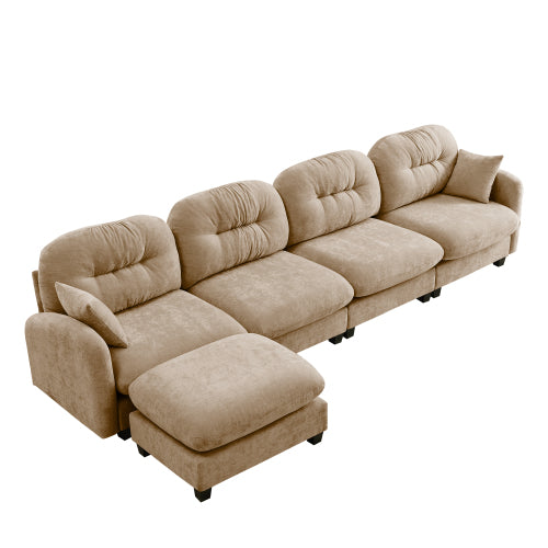 Plush L-Shaped Modular Sectional Sofa with Ottoman & Tufted Backrest, Beige