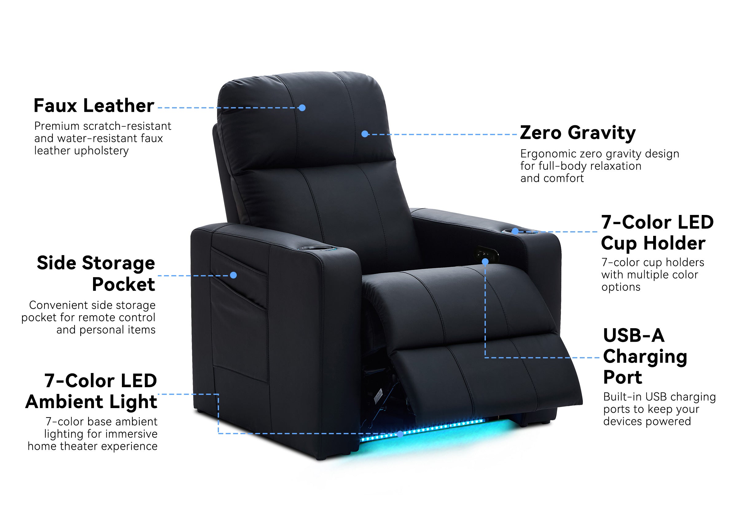 Weilianda ZeoFlex Series Zero Gravity Power Theater Recliner with RGB Ambient Lighting