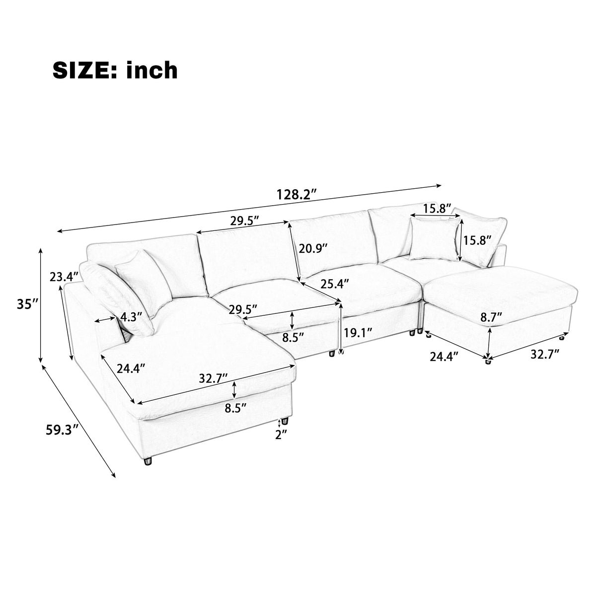 Spacious 128" U-Shaped Modular Sectional with Dual Movable Ottomans