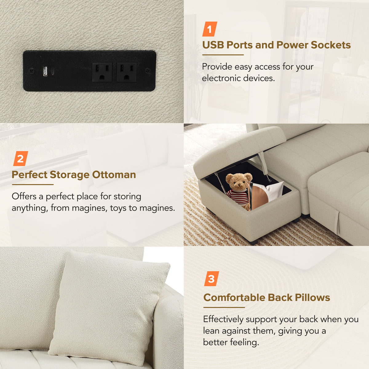 Versatile U-Style Sleeper Sectional with Storage, USB Port & Dual Cup Holders