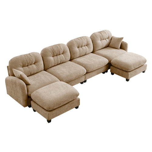 Plush L-Shaped Modular Sectional Sofa with Ottoman & Tufted Backrest, Beige