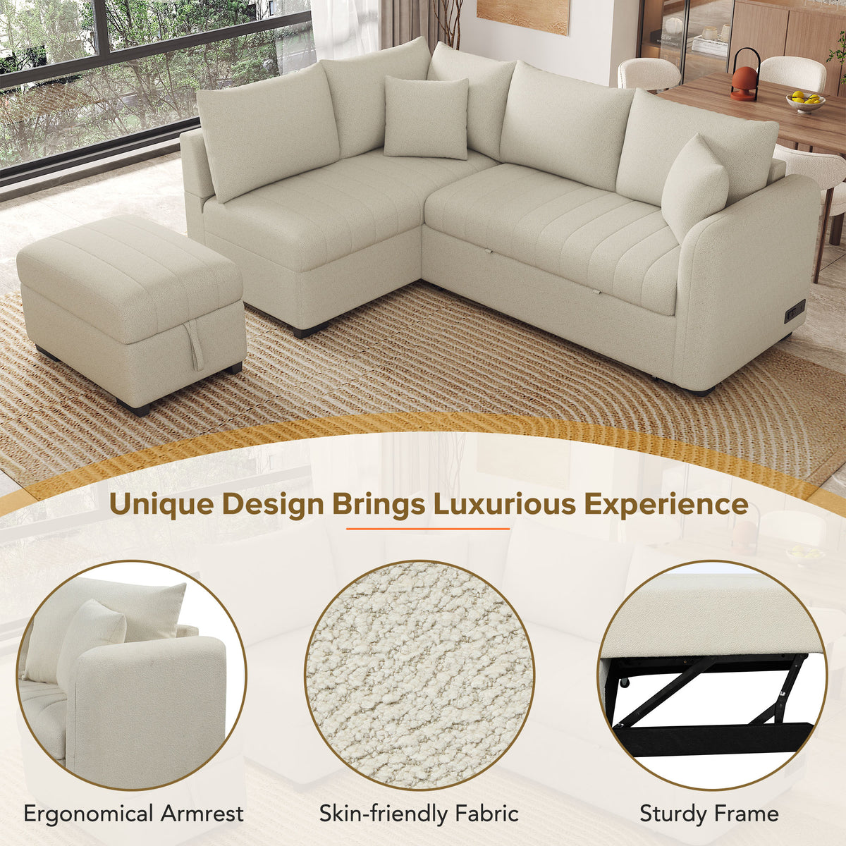 Versatile U-Style Sleeper Sectional with Storage, USB Port & Dual Cup Holders