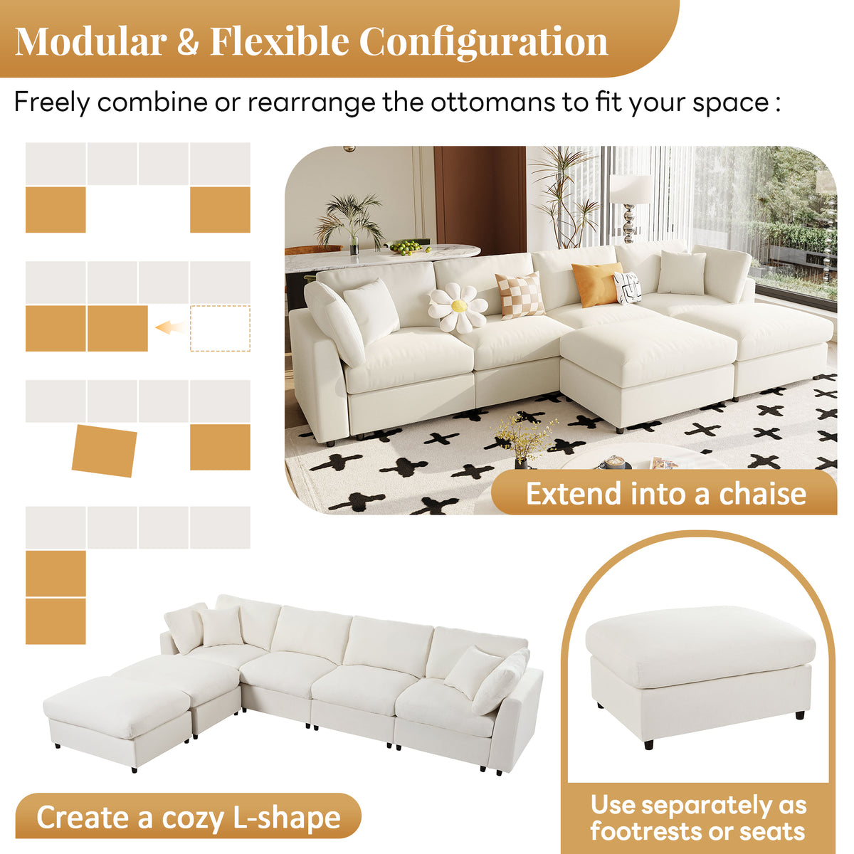 Spacious 128" U-Shaped Modular Sectional with Dual Movable Ottomans