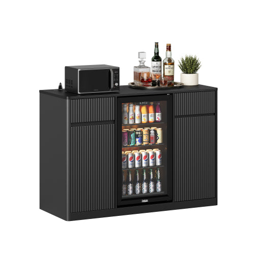 Fluted 51" Bar Cabinet with Fridge Space, Charging Hub & Wine Glass Rack, Black