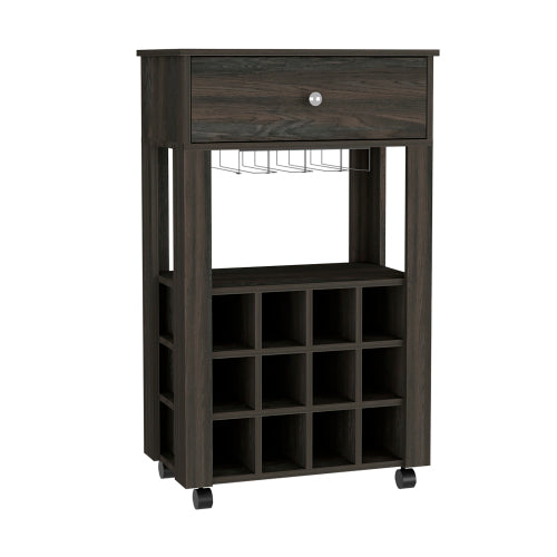 Versatile Rolling Bar Cart with 12-Bottle Wine Rack, Drawer & Glass Holder, Black