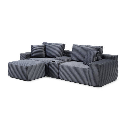 Plush Deep-Seat Corduroy Cloud Sectional with Storage, Charging & Movable Ottoman