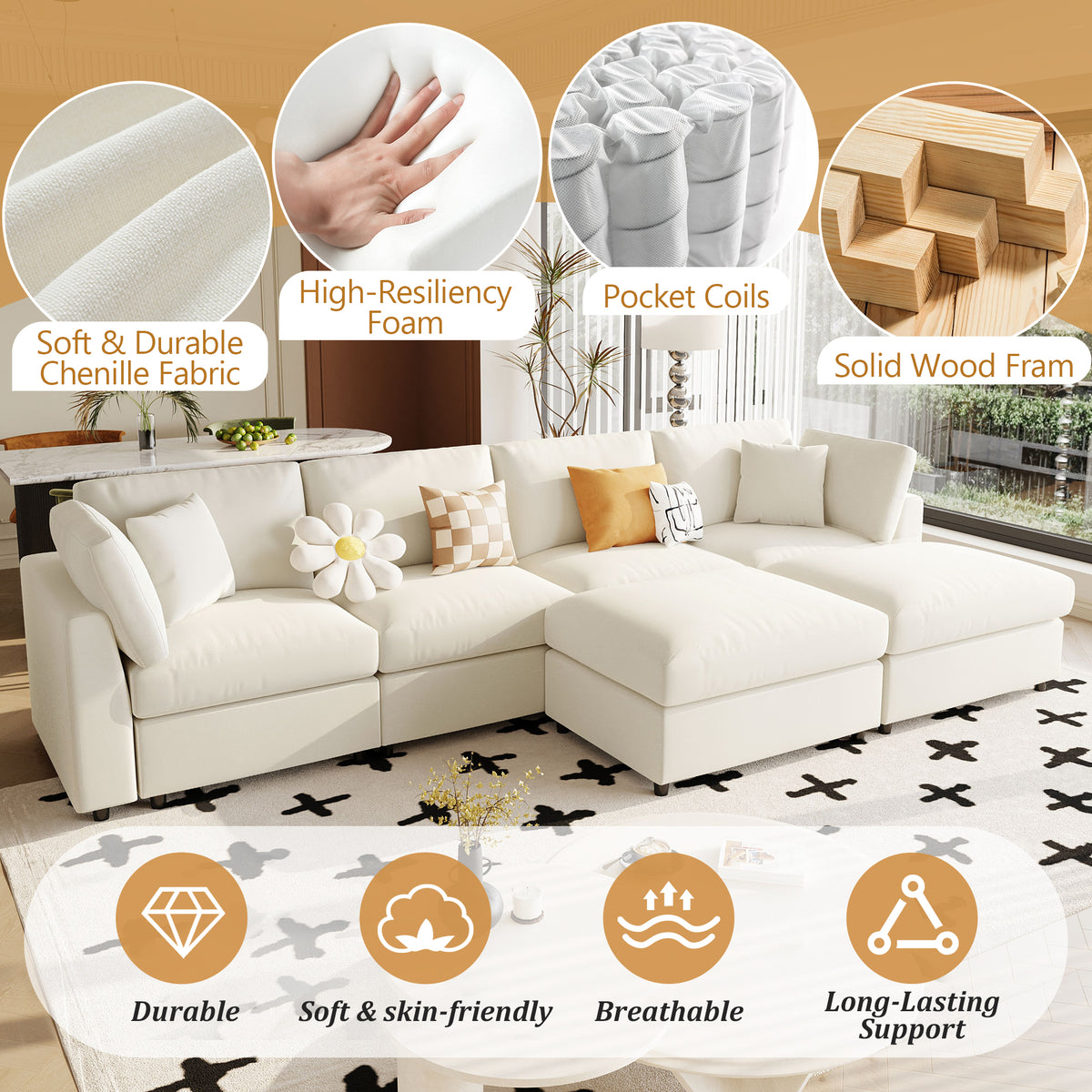 Spacious 128" U-Shaped Modular Sectional with Dual Movable Ottomans